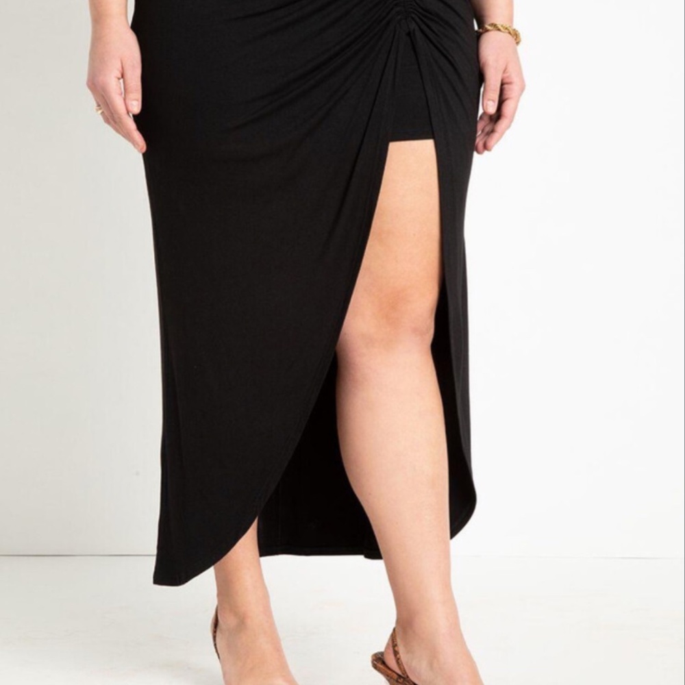 Eloquii Shirred Midi Black Skirt with Slit Size 18